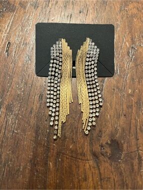 Vintage Gold Tone & Rhinestone Tiered Fringe Cascade Dangle Earrings